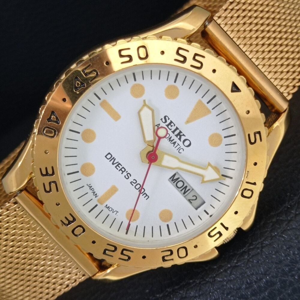 Vintage 1972 Seiko Diver Automatic Mens Gold Watch W/daydate & Orange accents